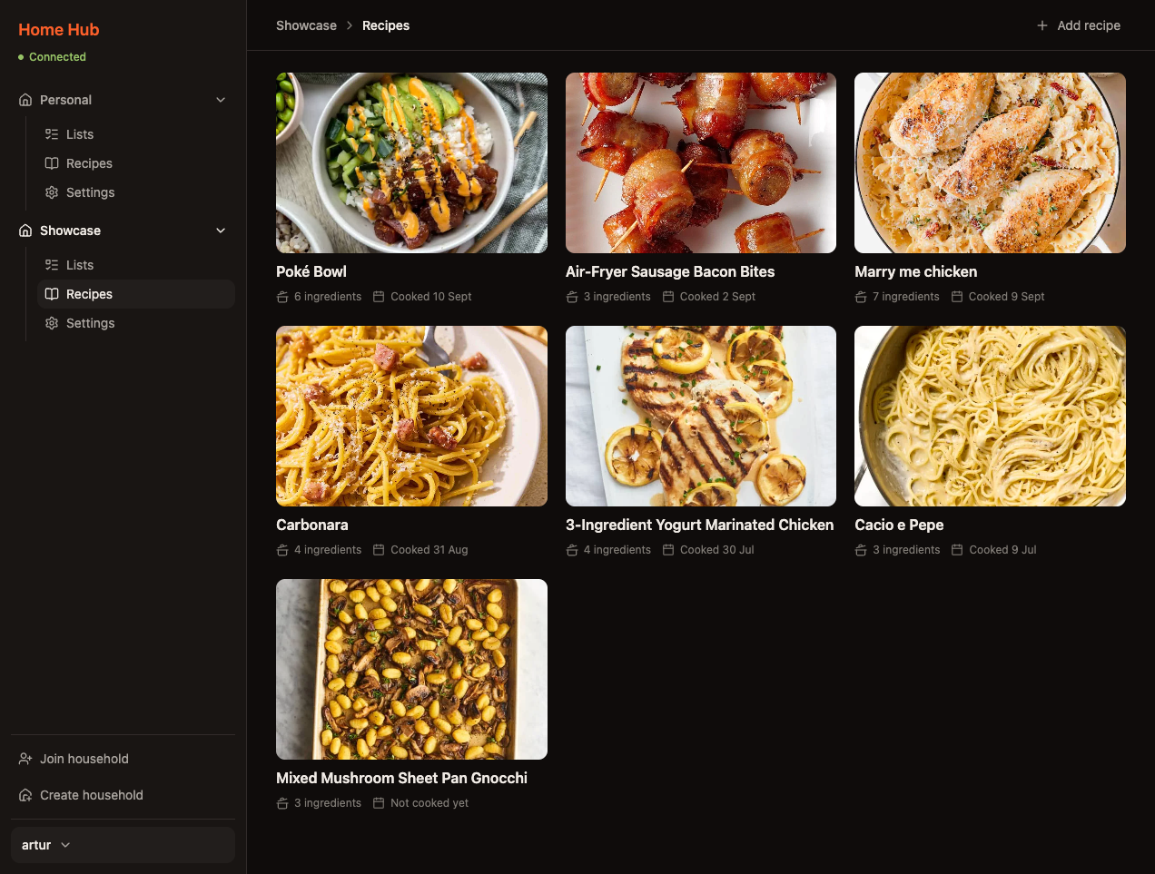 Home Hub recipes list with sidebar open